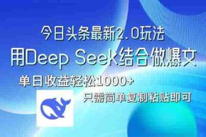 （14117期）今日头条最新2.0版本，用Deep Seek结合今日头条做爆文，单日收益轻松10…